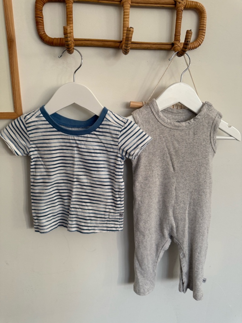 Honest Baby - Organic 3-6m ribbed overalls with blue/white striped undershirt